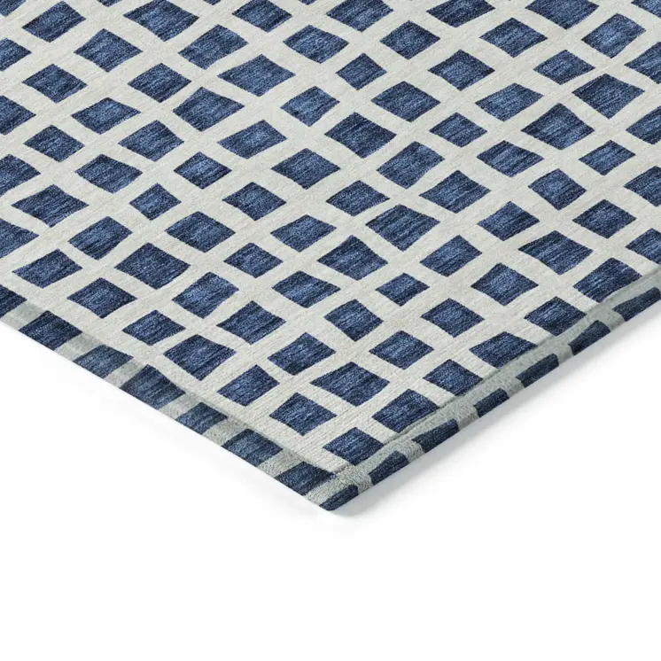 8' Navy Blue And Ivory Round Geometric Washable Indoor Outdoor Area Rug