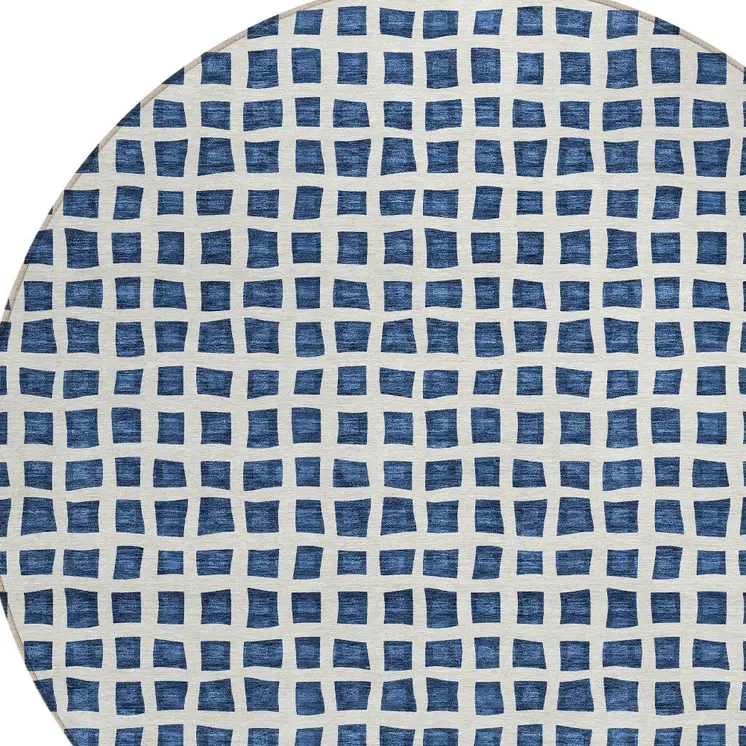 8' Navy Blue And Ivory Round Geometric Washable Indoor Outdoor Area Rug