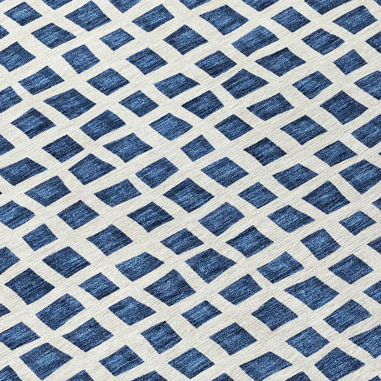 8' Navy Blue And Ivory Round Geometric Washable Indoor Outdoor Area Rug