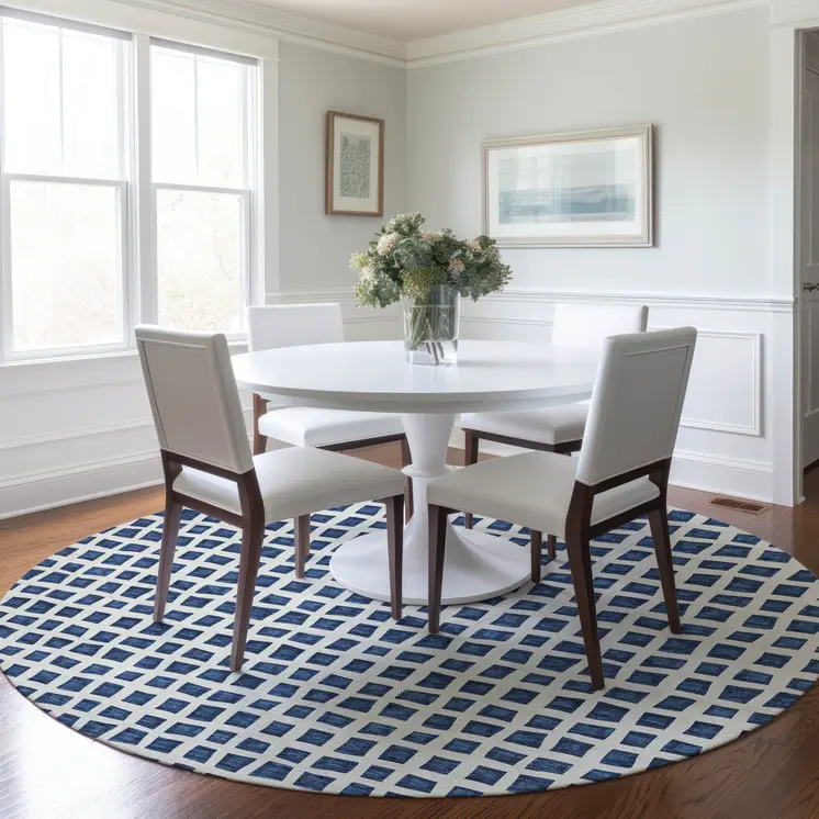 8' Navy Blue And Ivory Round Geometric Washable Indoor Outdoor Area Rug