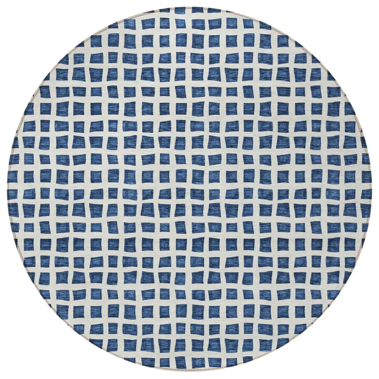 8' Navy Blue And Ivory Round Geometric Washable Indoor Outdoor Area Rug