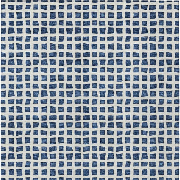 9' X 12' Navy Blue And Ivory Geometric Washable Indoor Outdoor Area Rug