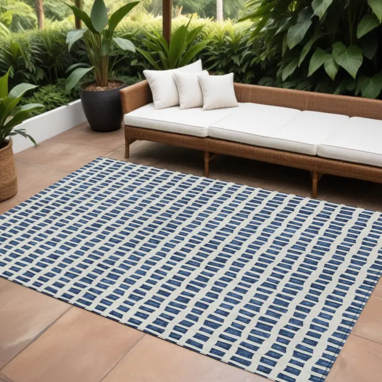 10' X 14' Navy Blue And Ivory Geometric Washable Indoor Outdoor Area Rug