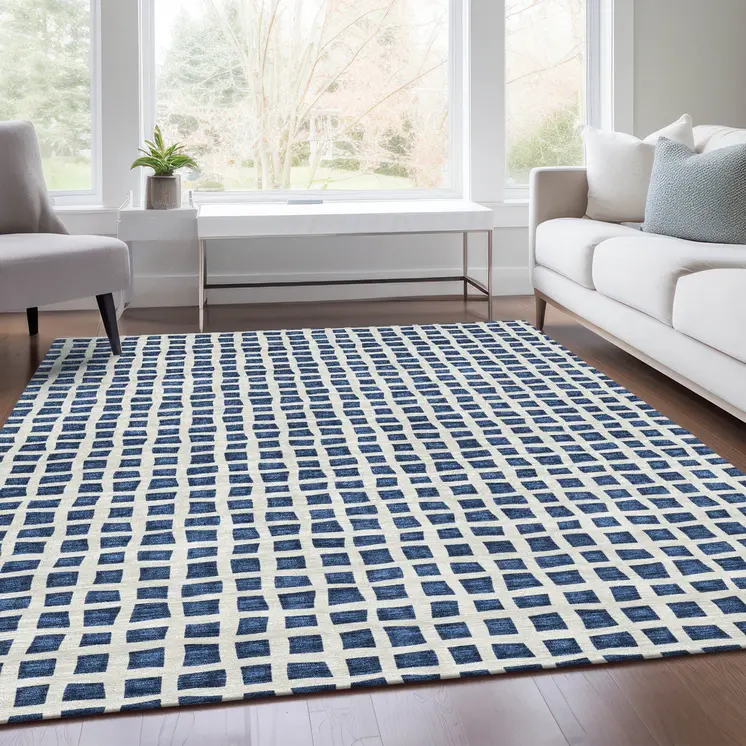 10' X 14' Navy Blue And Ivory Geometric Washable Indoor Outdoor Area Rug