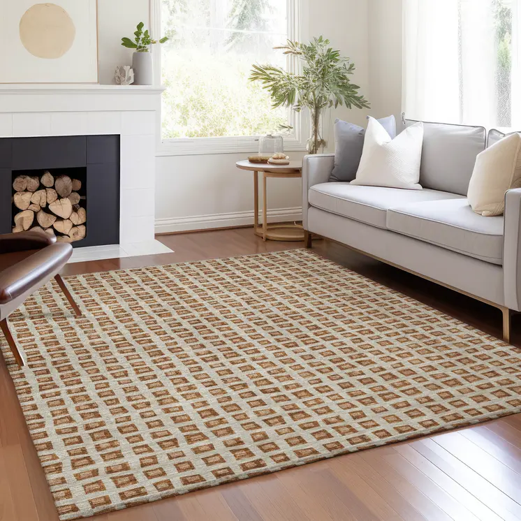 5' X 8' Orange Beige And Copper Geometric Washable Indoor Outdoor Area Rug