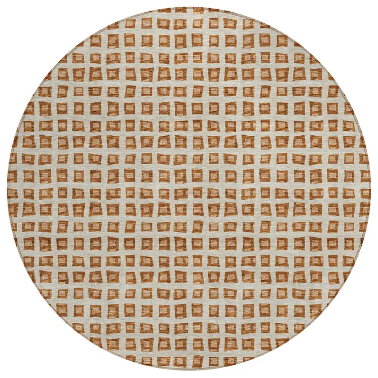 8' Orange Beige And Copper Round Geometric Washable Indoor Outdoor Area Rug