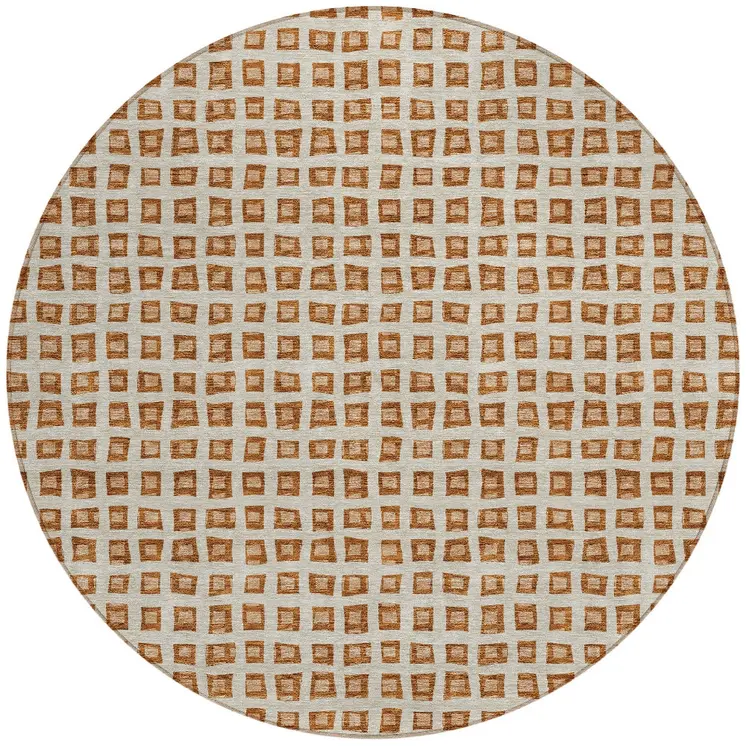 8' Orange Beige And Copper Round Geometric Washable Indoor Outdoor Area Rug