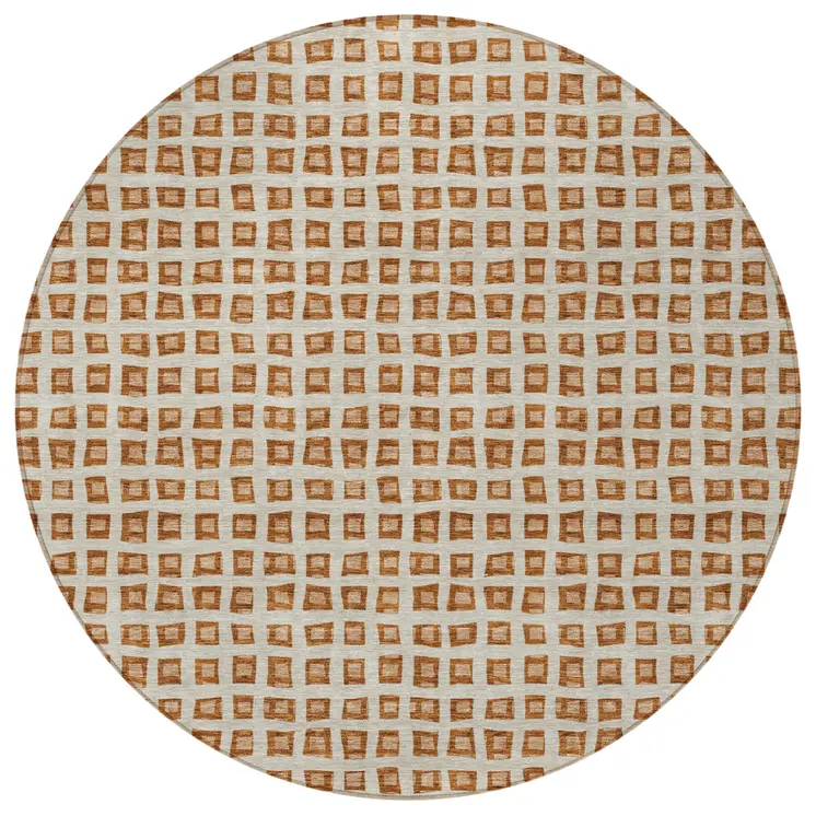 8' Orange Beige And Copper Round Geometric Washable Indoor Outdoor Area Rug
