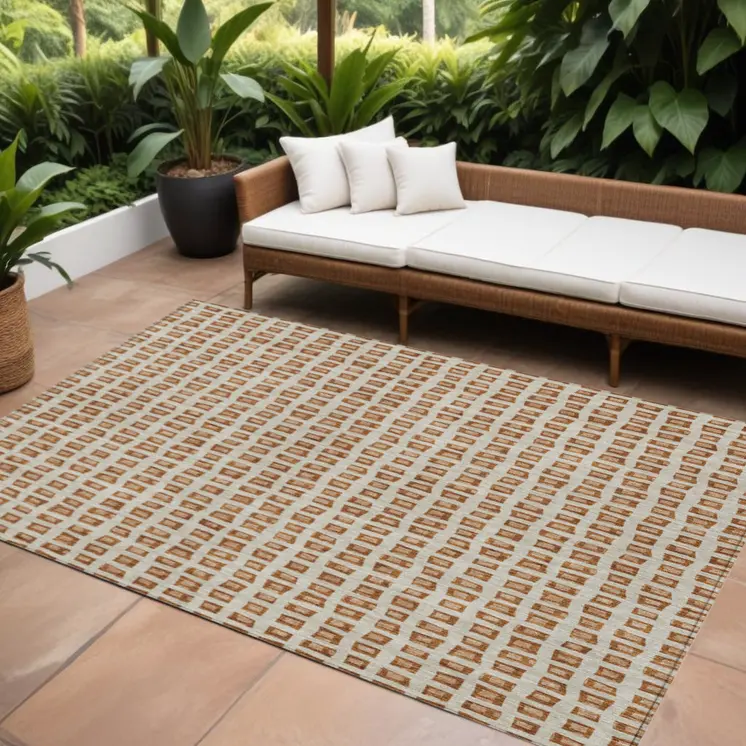 10' X 14' Orange Beige And Copper Geometric Washable Indoor Outdoor Area Rug