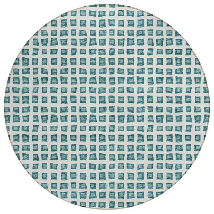 8' Teal Blue And Ivory Round Geometric Washable Indoor Outdoor Area Rug