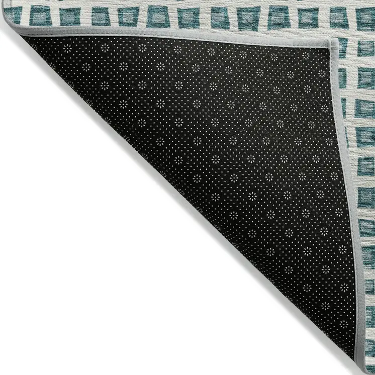 8' Teal Blue And Ivory Round Geometric Washable Indoor Outdoor Area Rug