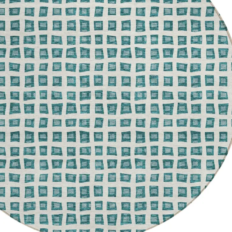 8' Teal Blue And Ivory Round Geometric Washable Indoor Outdoor Area Rug