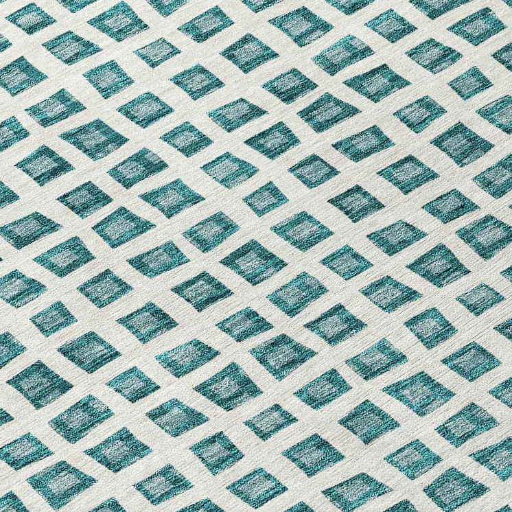 8' Teal Blue And Ivory Round Geometric Washable Indoor Outdoor Area Rug