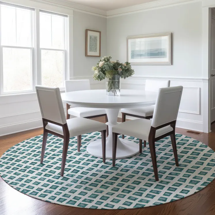 8' Teal Blue And Ivory Round Geometric Washable Indoor Outdoor Area Rug