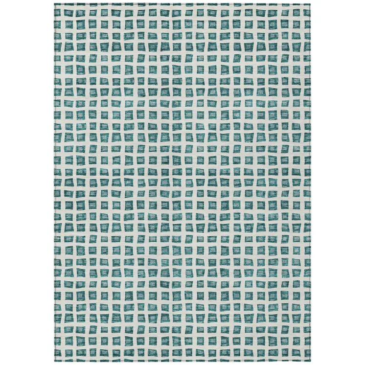 8' X 10' Teal Blue And Ivory Geometric Washable Indoor Outdoor Area Rug