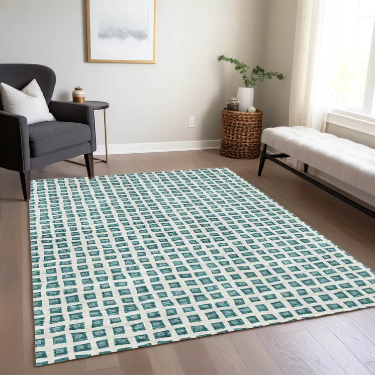 8' X 10' Teal Blue And Ivory Geometric Washable Indoor Outdoor Area Rug