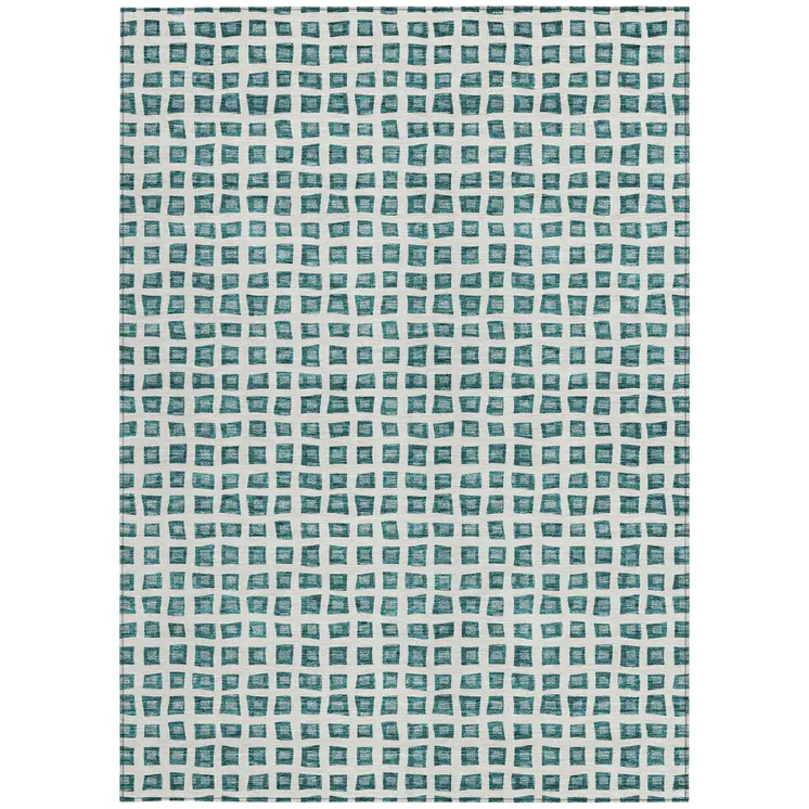 9' X 12' Teal Blue And Ivory Geometric Washable Indoor Outdoor Area Rug