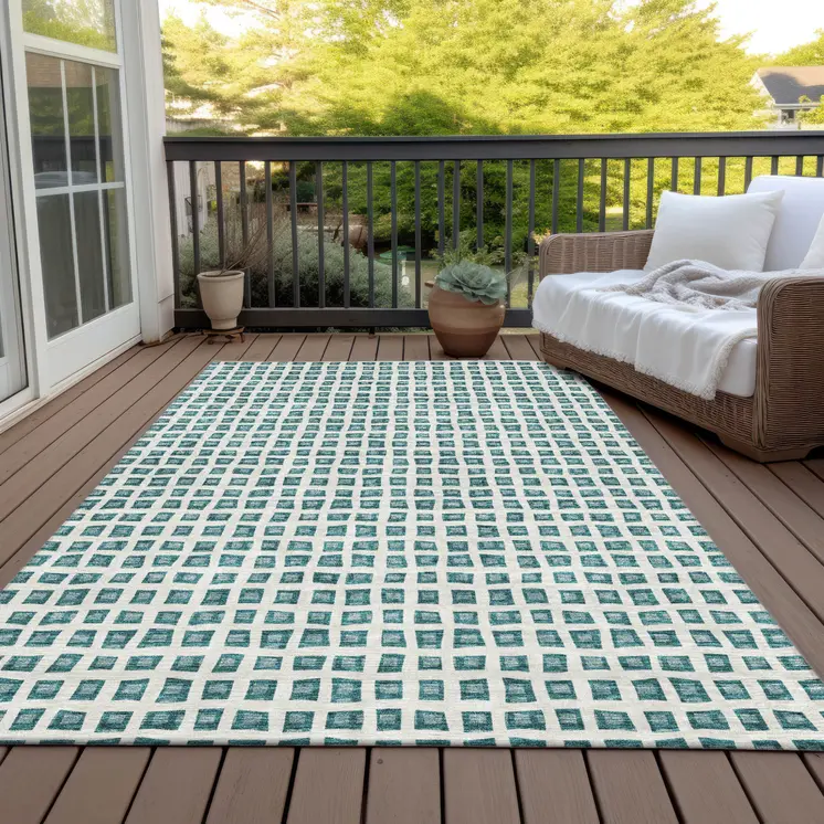 9' X 12' Teal Blue And Ivory Geometric Washable Indoor Outdoor Area Rug