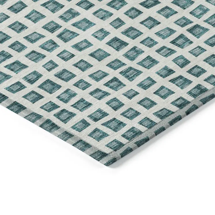 9' X 12' Teal Blue And Ivory Geometric Washable Indoor Outdoor Area Rug