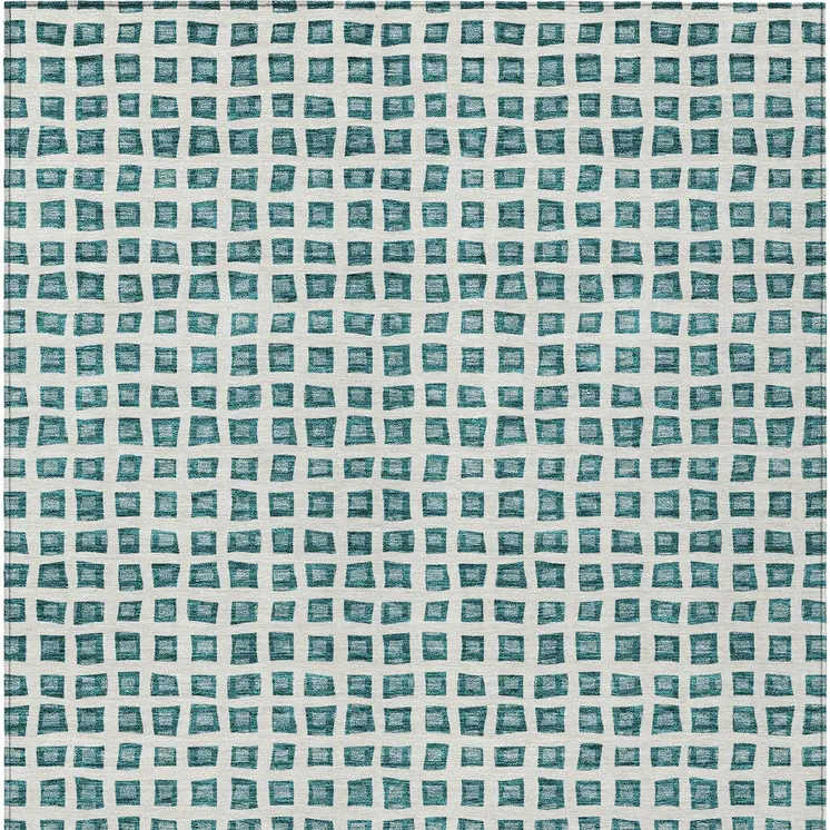 10' X 14' Teal Blue And Ivory Geometric Washable Indoor Outdoor Area Rug