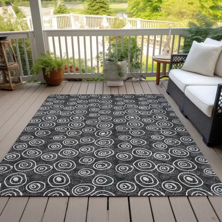 5' X 8' Black Gray And Ivory Geometric Washable Indoor Outdoor Area Rug