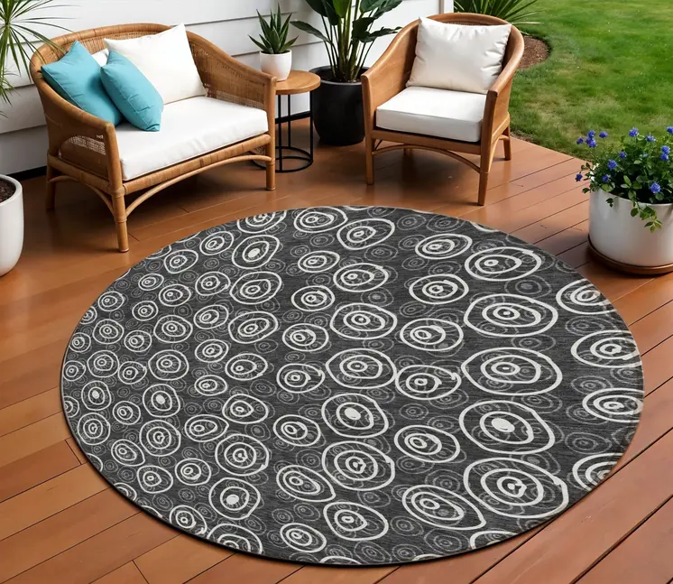 8' Black Gray And Ivory Round Geometric Washable Indoor Outdoor Area Rug