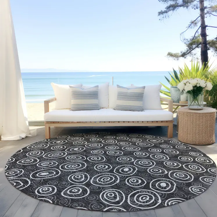 8' Black Gray And Ivory Round Geometric Washable Indoor Outdoor Area Rug