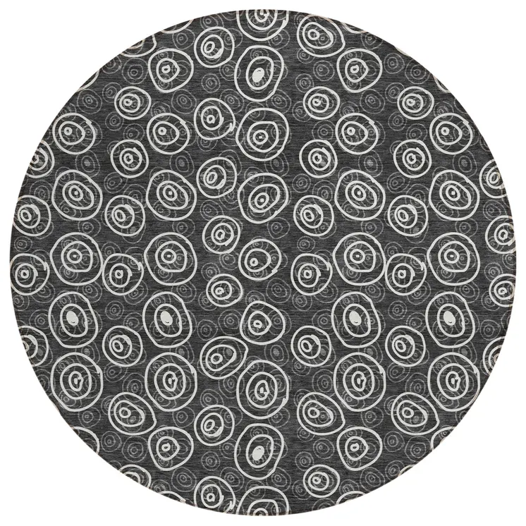 8' Black Gray And Ivory Round Geometric Washable Indoor Outdoor Area Rug