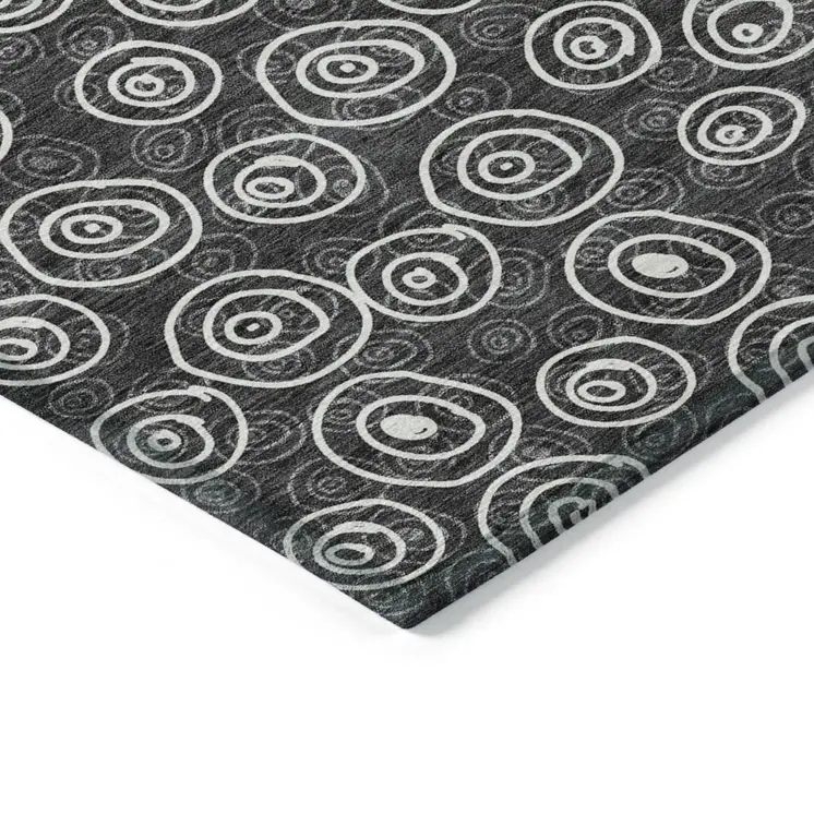 8' Black Gray And Ivory Round Geometric Washable Indoor Outdoor Area Rug