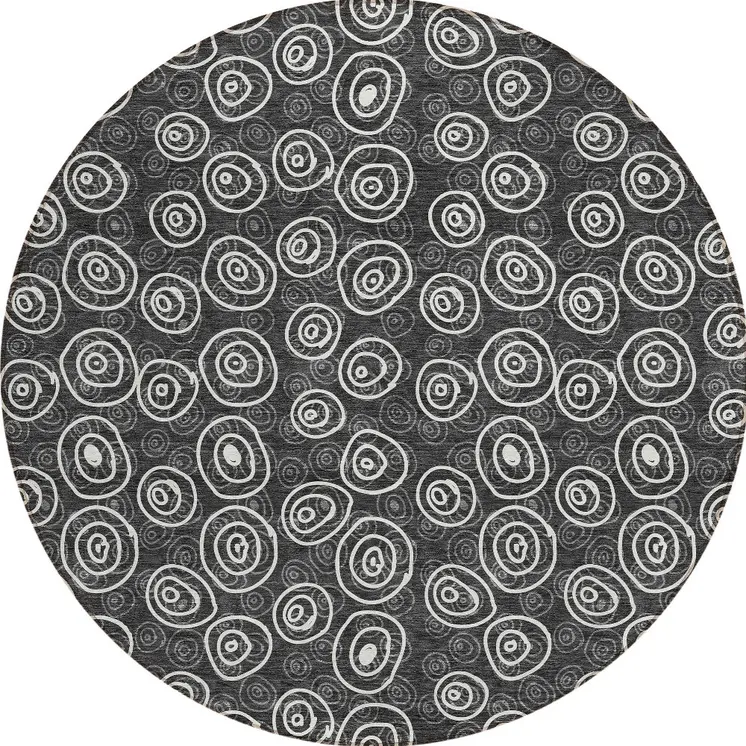 8' Black Gray And Ivory Round Geometric Washable Indoor Outdoor Area Rug