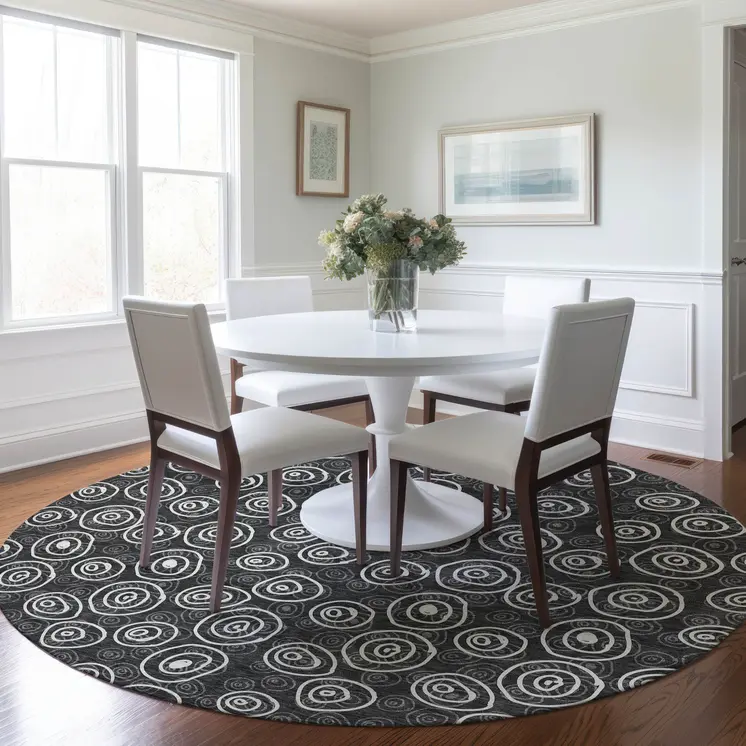 8' Black Gray And Ivory Round Geometric Washable Indoor Outdoor Area Rug