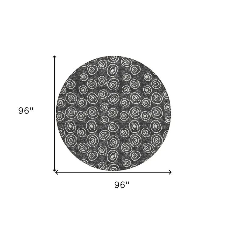 8' Black Gray And Ivory Round Geometric Washable Indoor Outdoor Area Rug