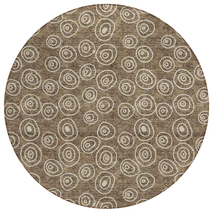 8' Brown Taupe And Beige Round Geometric Washable Indoor Outdoor Area Rug