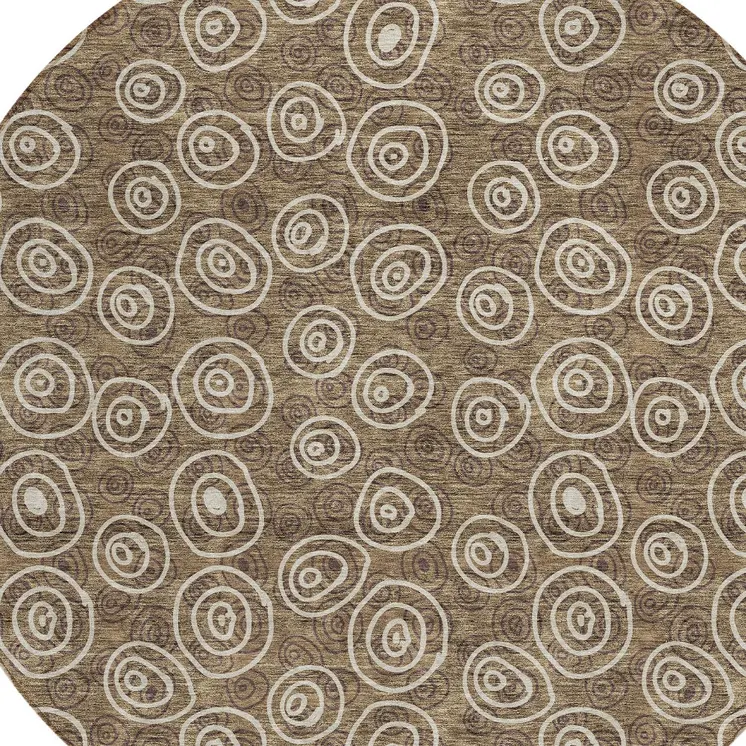 8' Brown Taupe And Beige Round Geometric Washable Indoor Outdoor Area Rug