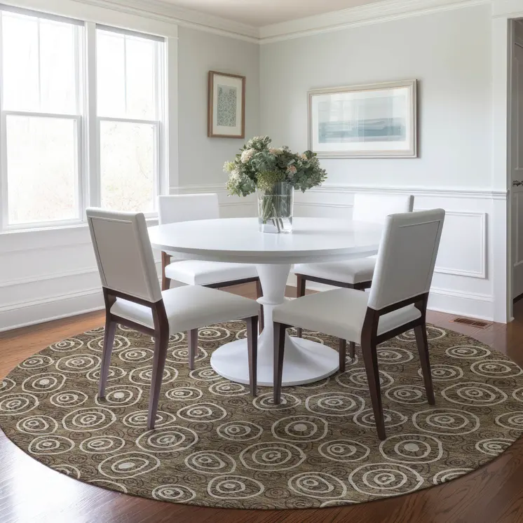 8' Brown Taupe And Beige Round Geometric Washable Indoor Outdoor Area Rug