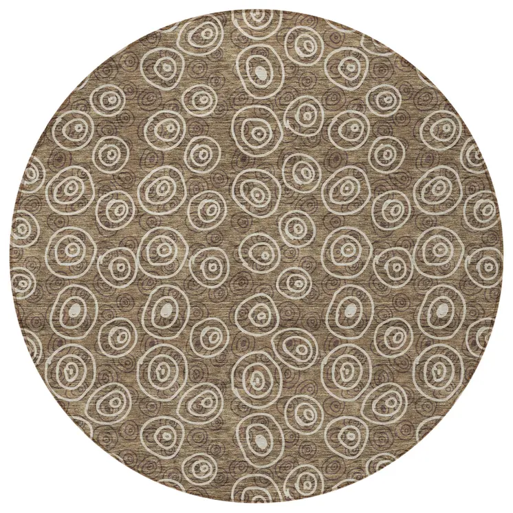 8' Brown Taupe And Beige Round Geometric Washable Indoor Outdoor Area Rug