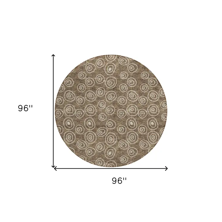 8' Brown Taupe And Beige Round Geometric Washable Indoor Outdoor Area Rug