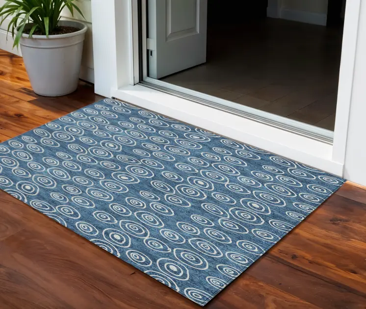 3' X 5' Navy Blue And Ivory Geometric Washable Indoor Outdoor Area Rug