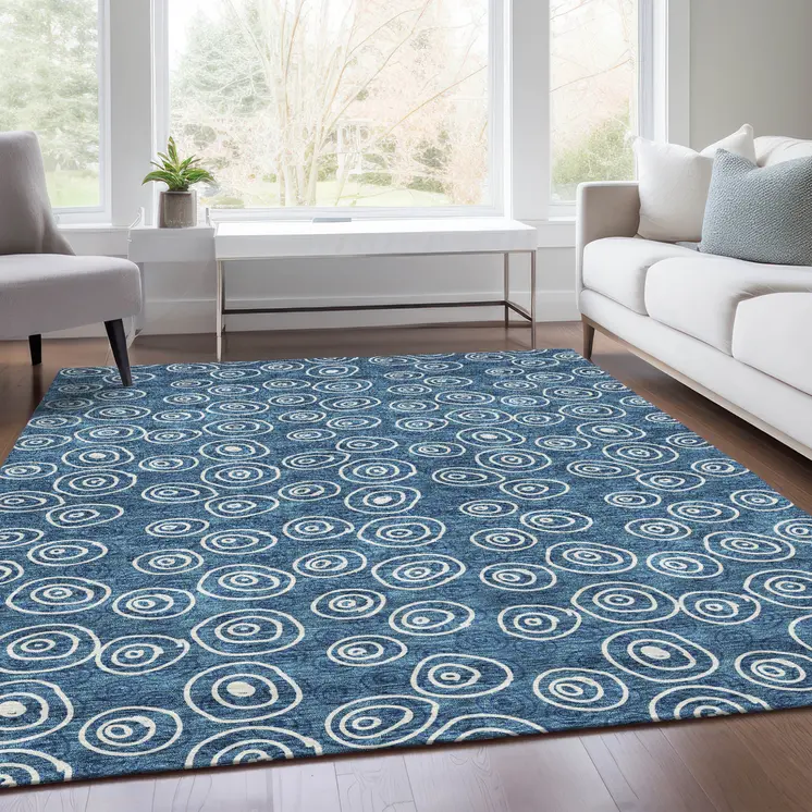 8' X 10' Navy Blue And Ivory Geometric Washable Indoor Outdoor Area Rug