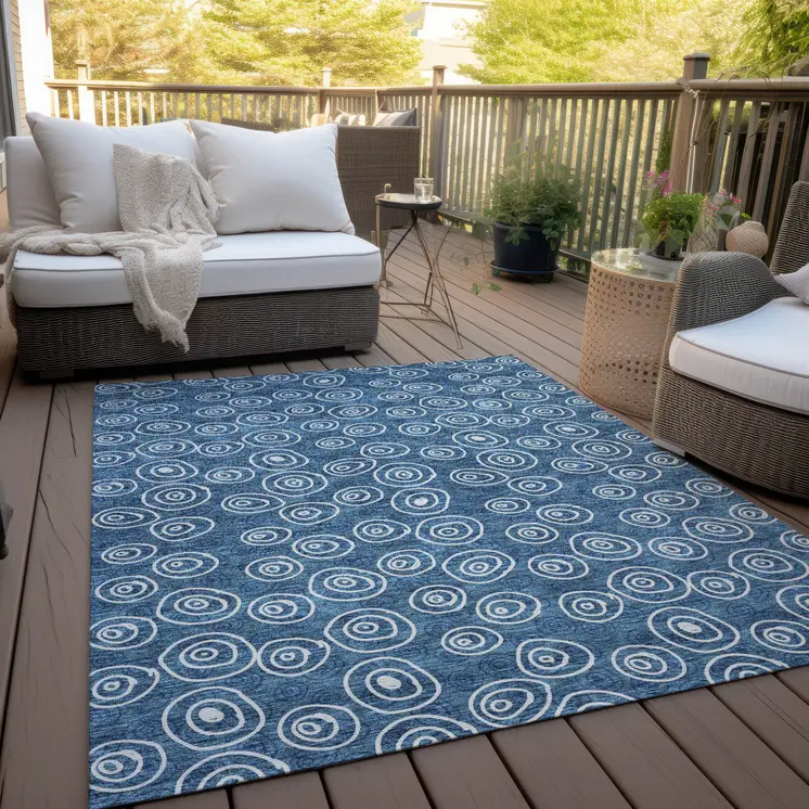 10' X 14' Navy Blue And Ivory Geometric Washable Indoor Outdoor Area Rug