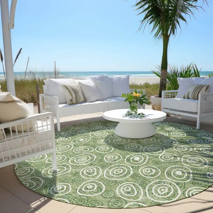 8' Green And Ivory Round Geometric Washable Indoor Outdoor Area Rug