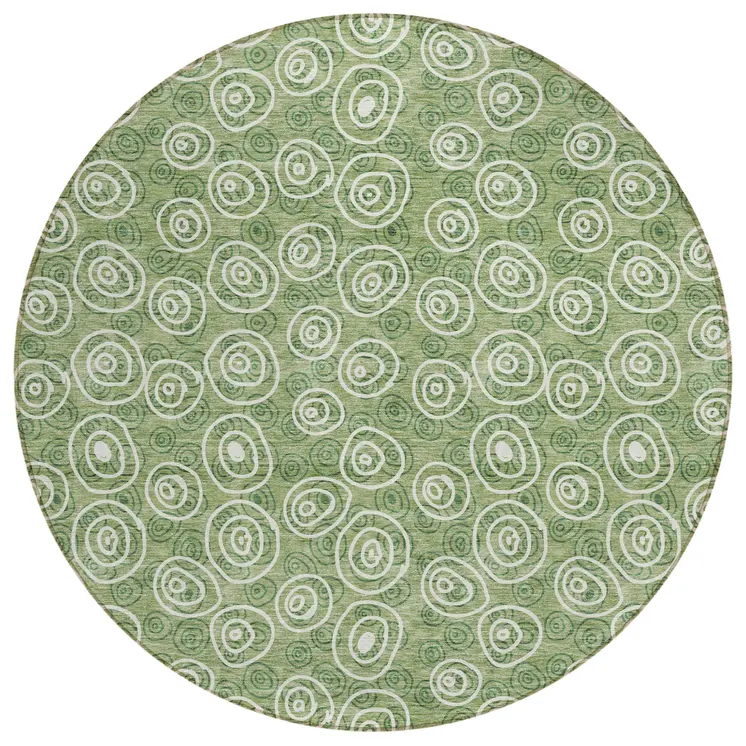 8' Green And Ivory Round Geometric Washable Indoor Outdoor Area Rug