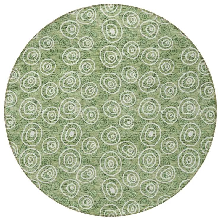 8' Green And Ivory Round Geometric Washable Indoor Outdoor Area Rug