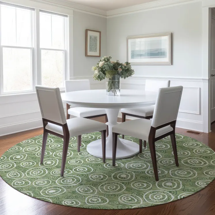 8' Green And Ivory Round Geometric Washable Indoor Outdoor Area Rug