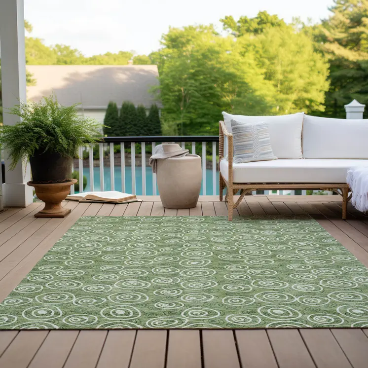 8' X 10' Green And Ivory Geometric Washable Indoor Outdoor Area Rug