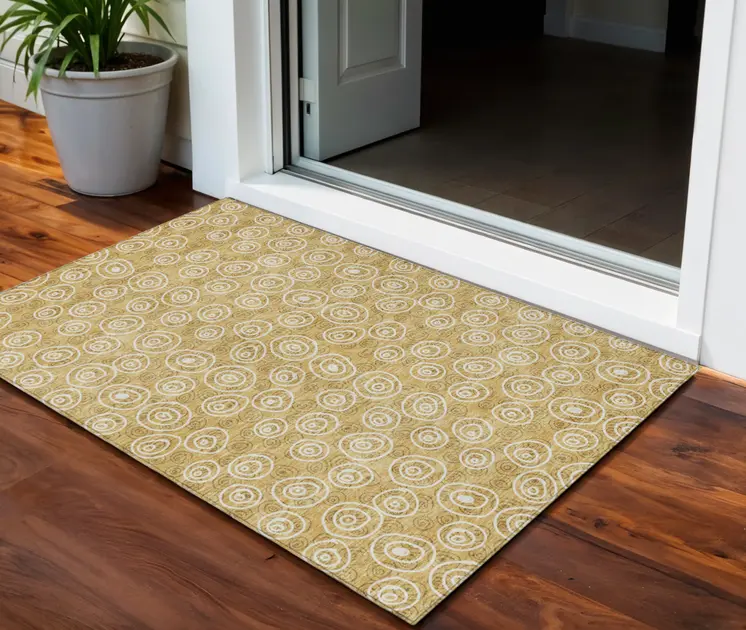 3' X 5' Gold Beige And Ivory Geometric Washable Indoor Outdoor Area Rug