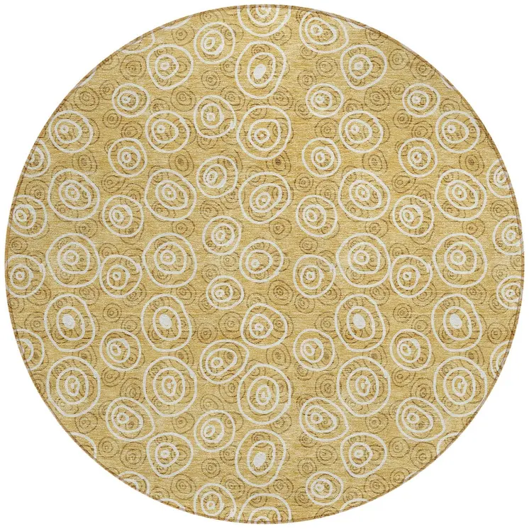 8' Gold Beige And Ivory Round Geometric Washable Indoor Outdoor Area Rug