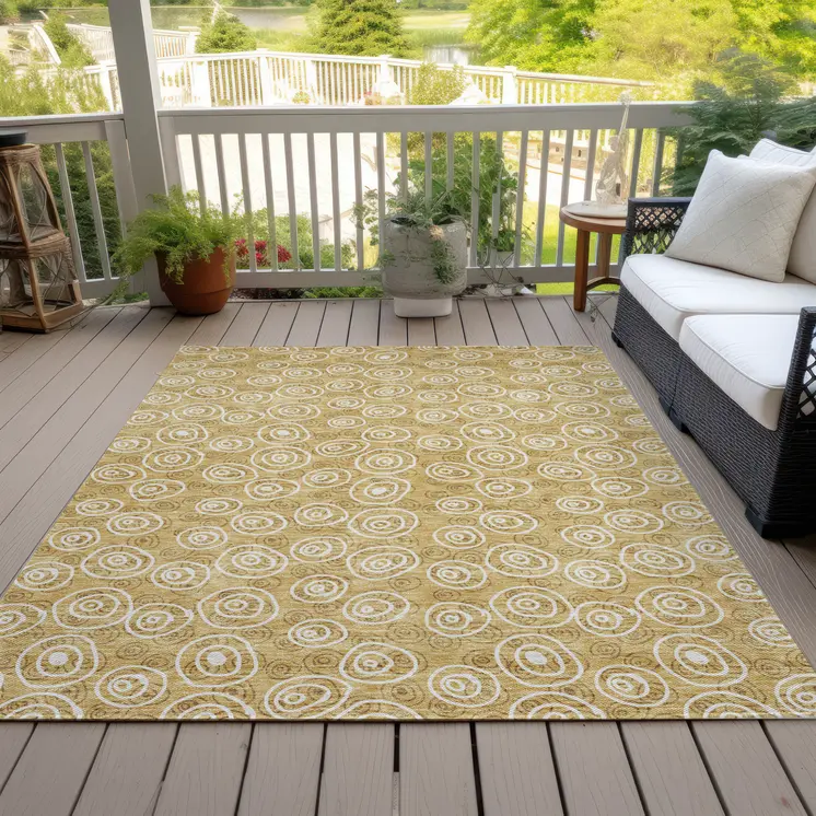 8' X 10' Gold Beige And Ivory Geometric Washable Indoor Outdoor Area Rug