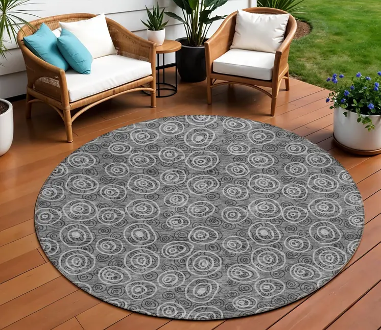 8' Gray Charcoal And Silver Round Geometric Washable Indoor Outdoor Area Rug