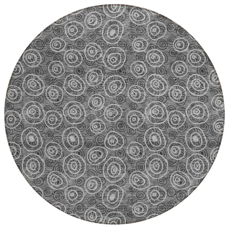 8' Gray Charcoal And Silver Round Geometric Washable Indoor Outdoor Area Rug